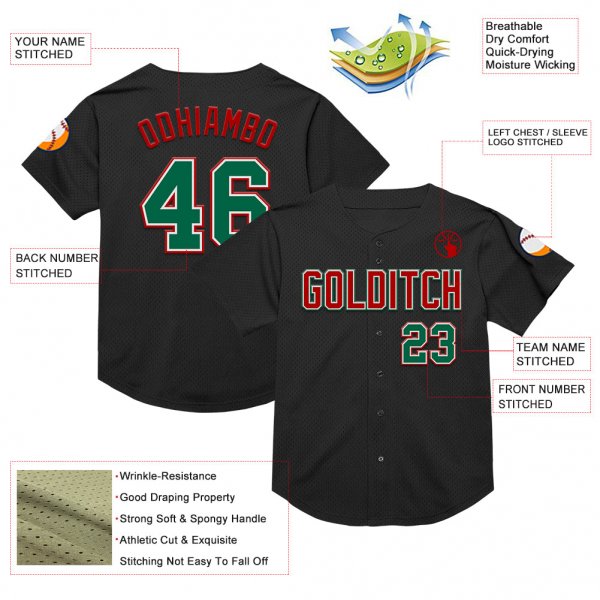 Custom Black Kelly Green-Red Mesh Authentic Throwback Baseball Jersey