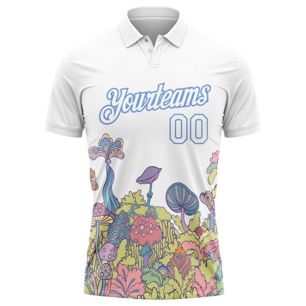 Custom White Light Blue 3D Pattern Design Colorful Flowers And Mushrooms Psychedelic Hallucination Performance Golf Polo Shirt