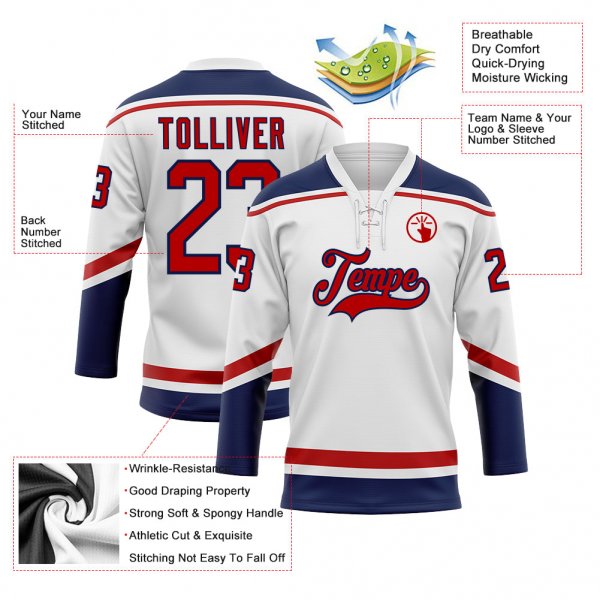 Custom White Red-Navy Hockey Lace Neck Jersey