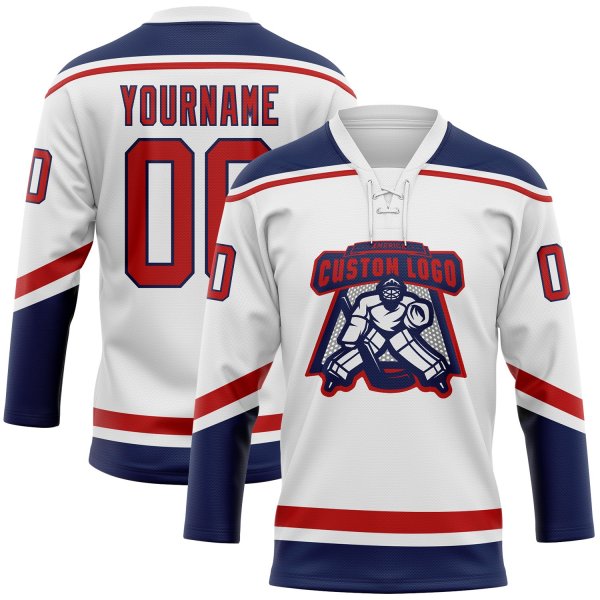 Custom White Red-Navy Hockey Lace Neck Jersey