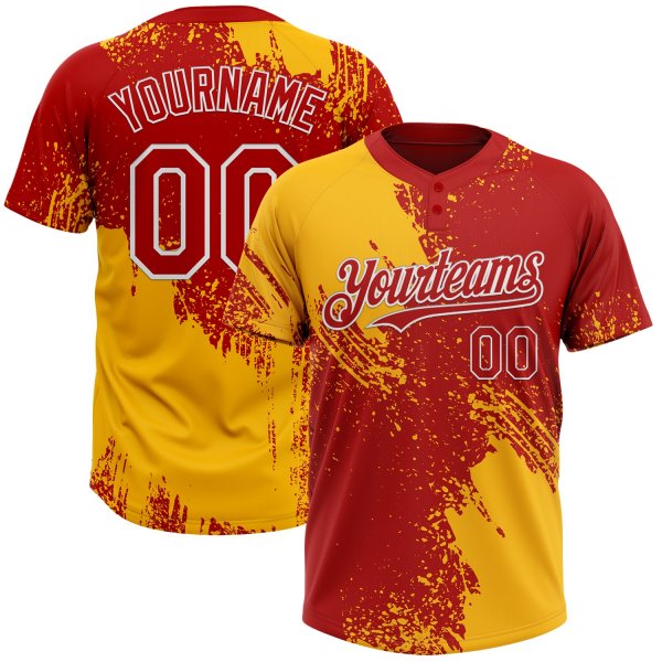 Custom Gold Red-White 3D Pattern Abstract Brush Stroke Two-Button Unisex Softball Jersey