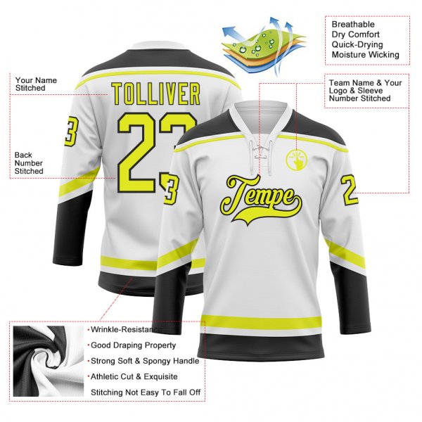 Custom White Neon Yellow-Black Hockey Lace Neck Jersey