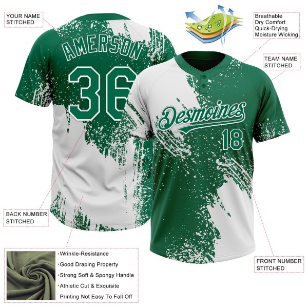 Custom White Kelly Green 3D Pattern Abstract Brush Stroke Two-Button Unisex Softball Jersey