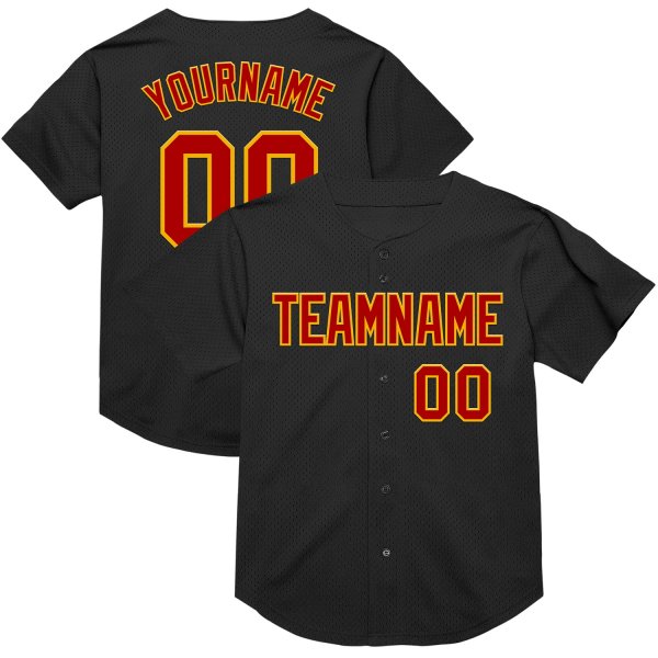 Custom Black Red-Gold Mesh Authentic Throwback Baseball Jersey