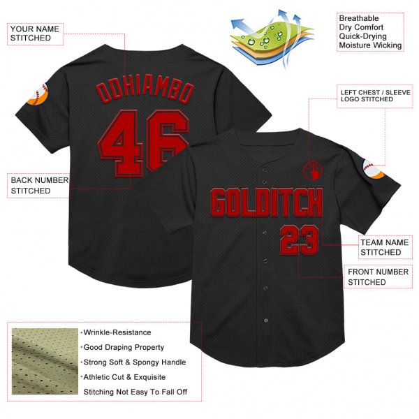 Custom Black Red Mesh Authentic Throwback Baseball Jersey