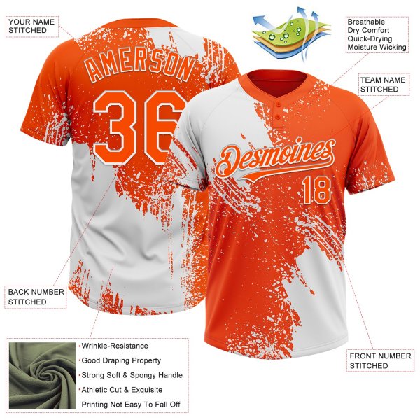 Custom White Orange 3D Pattern Abstract Brush Stroke Two-Button Unisex Softball Jersey