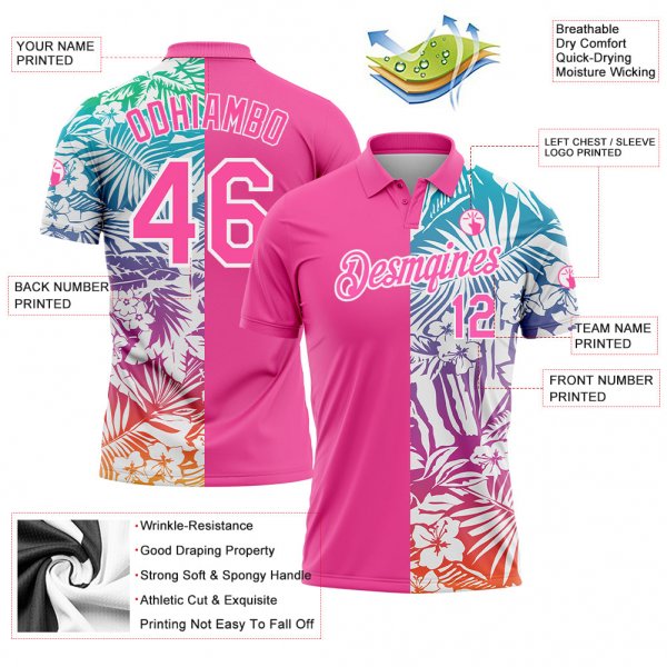 Custom Pink White 3D Pattern Design Tropical Palm Leaves Performance Golf Polo Shirt