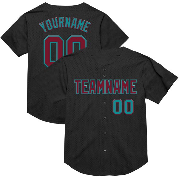 Custom Black Crimson-Teal Mesh Authentic Throwback Baseball Jersey