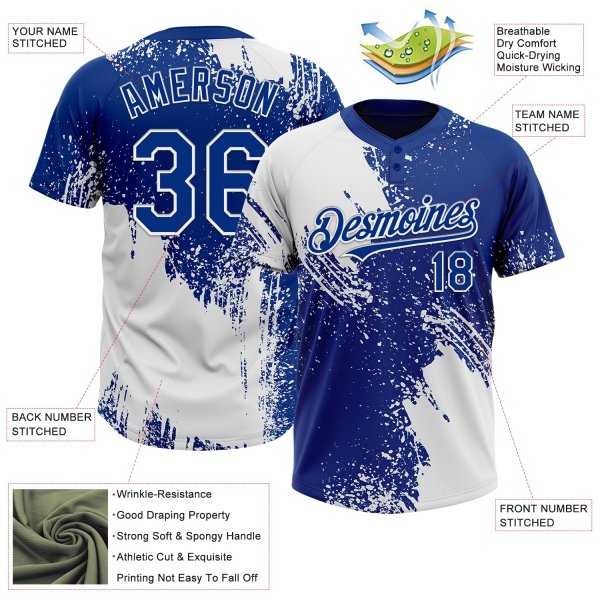 Custom White Royal 3D Pattern Abstract Brush Stroke Two-Button Unisex Softball Jersey