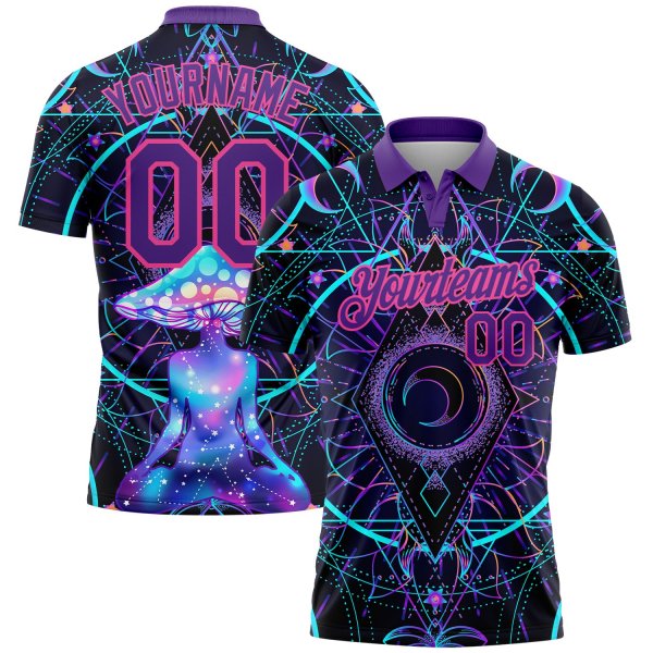 Custom Black Pink-Purple 3D Pattern Design Magic Mushrooms Over Sacred Geometry Psychedelic Hallucination Performance Golf Polo Shirt