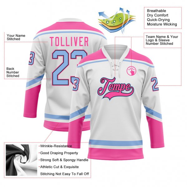 Custom White Light Blue Black-Pink Hockey Lace Neck Jersey