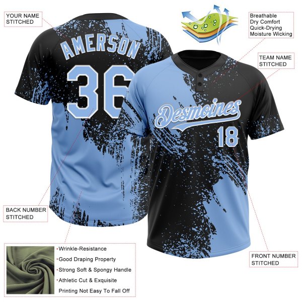 Custom Light Blue Black-White 3D Pattern Abstract Brush Stroke Two-Button Unisex Softball Jersey