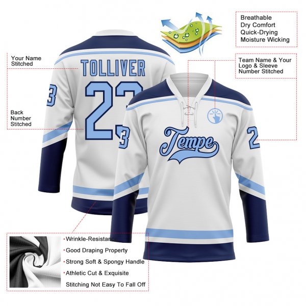 Custom White Light Blue-Navy Hockey Lace Neck Jersey