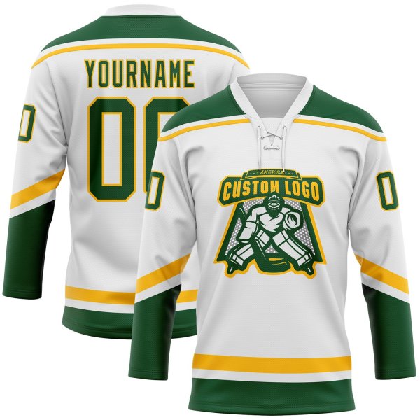 Custom White Green-Gold Hockey Lace Neck Jersey