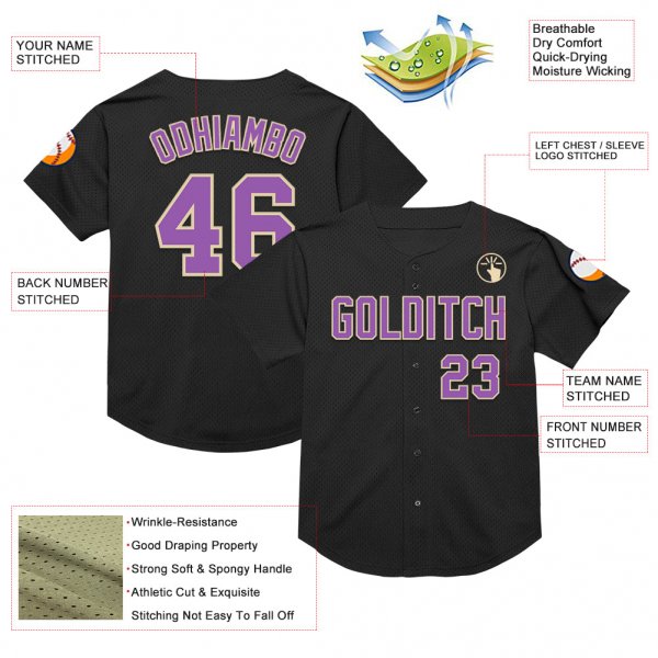 Custom Black Medium Purple-Cream Mesh Authentic Throwback Baseball Jersey