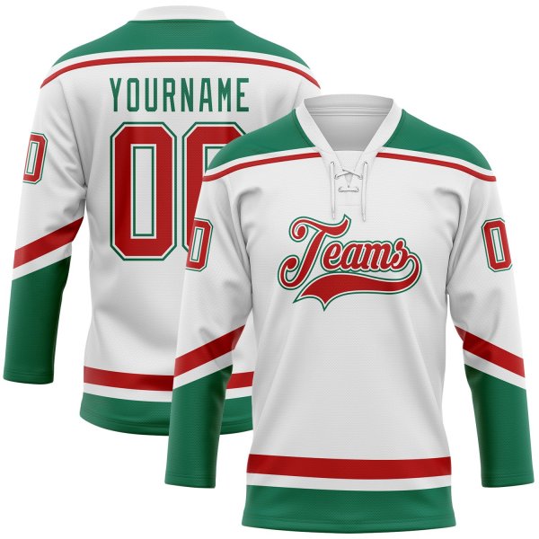 Custom White Red-Kelly Green Hockey Lace Neck Jersey