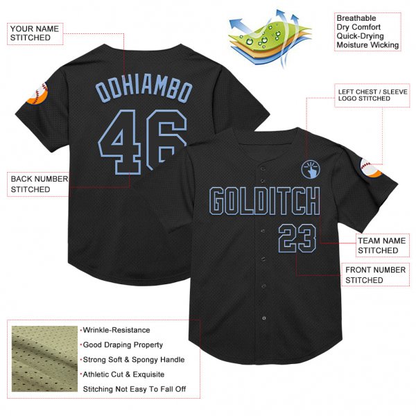 Custom Black Light Blue Mesh Authentic Throwback Baseball Jersey