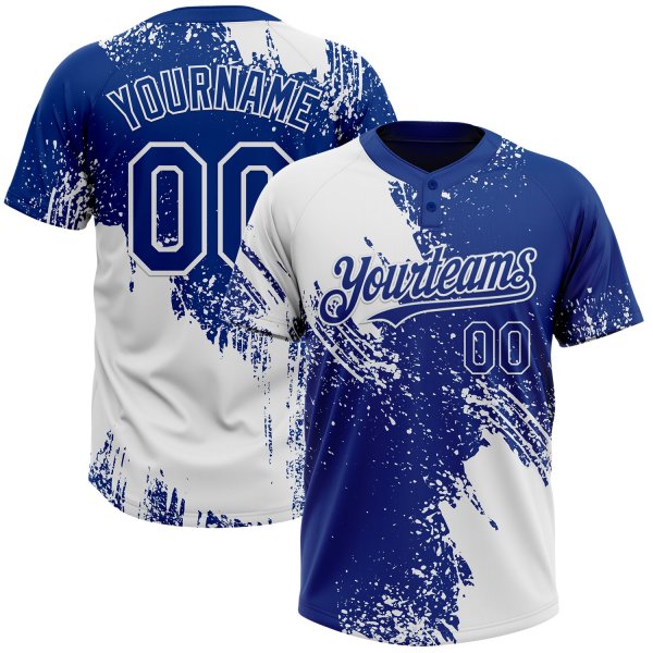 Custom White Royal 3D Pattern Abstract Brush Stroke Two-Button Unisex Softball Jersey