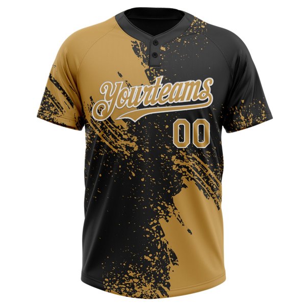 Custom Old Gold Black-White 3D Pattern Abstract Brush Stroke Two-Button Unisex Softball Jersey