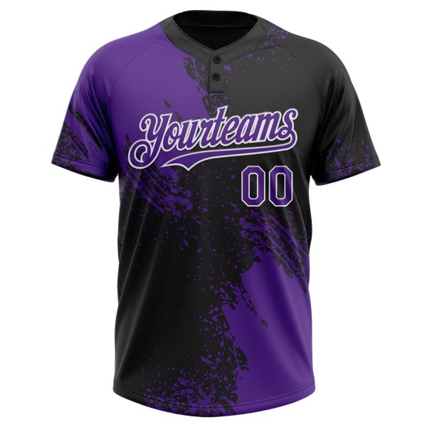 Custom Purple Black-White 3D Pattern Abstract Brush Stroke Two-Button Unisex Softball Jersey