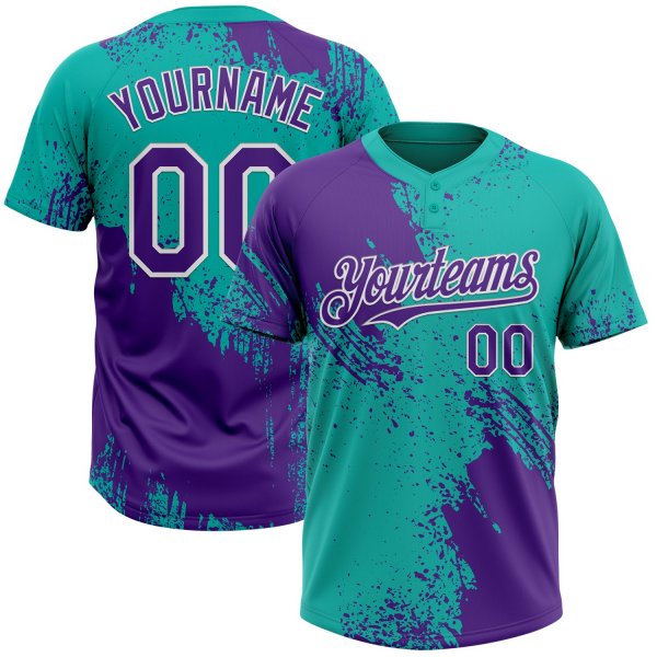 Custom Purple Aqua-White 3D Pattern Abstract Brush Stroke Two-Button Unisex Softball Jersey