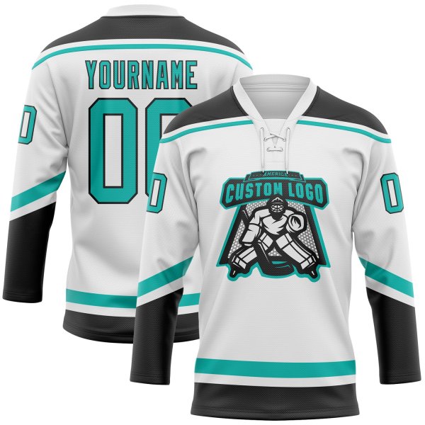 Custom White Aqua-Black Hockey Lace Neck Jersey