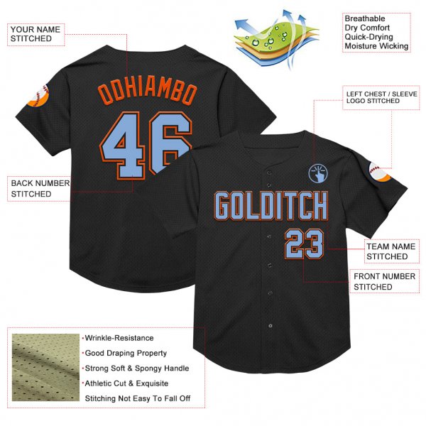 Custom Black Light Blue-Orange Mesh Authentic Throwback Baseball Jersey