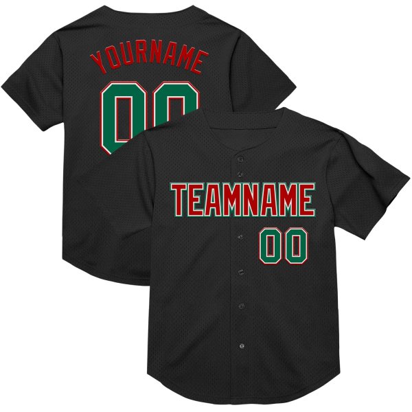 Custom Black Kelly Green-Red Mesh Authentic Throwback Baseball Jersey