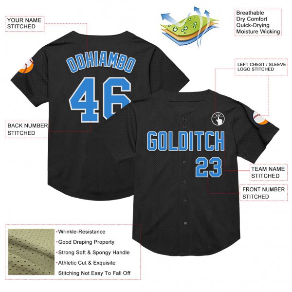 Custom Black Electric Blue-White Mesh Authentic Throwback Baseball Jersey