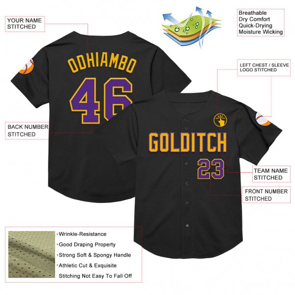 Custom Black Purple-Gold Mesh Authentic Throwback Baseball Jersey